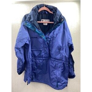 COLUMBIA WOMENS LARGE PULLOVER 1/2 ZIP POUCH RAIN JACKET BLUE WITH HOOD
